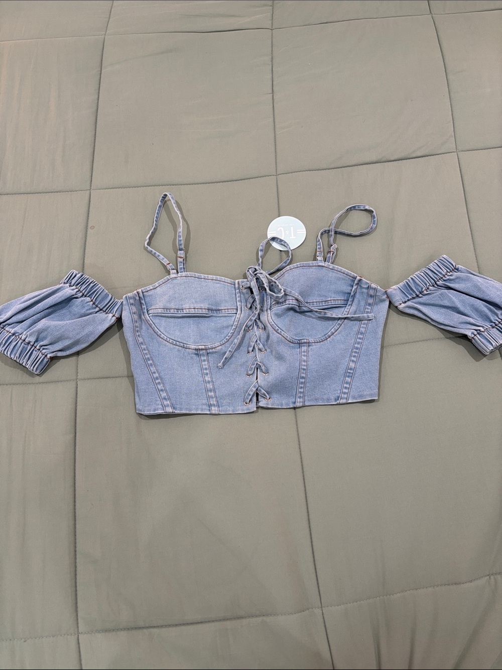 Women's Light Blue Denim Lace-Up Corset Top with off the shoulder sleeves